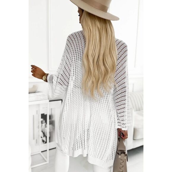 White Open Knit Kimono Cardigan | Boho Beach Layer One Size - Picture 3 of 3